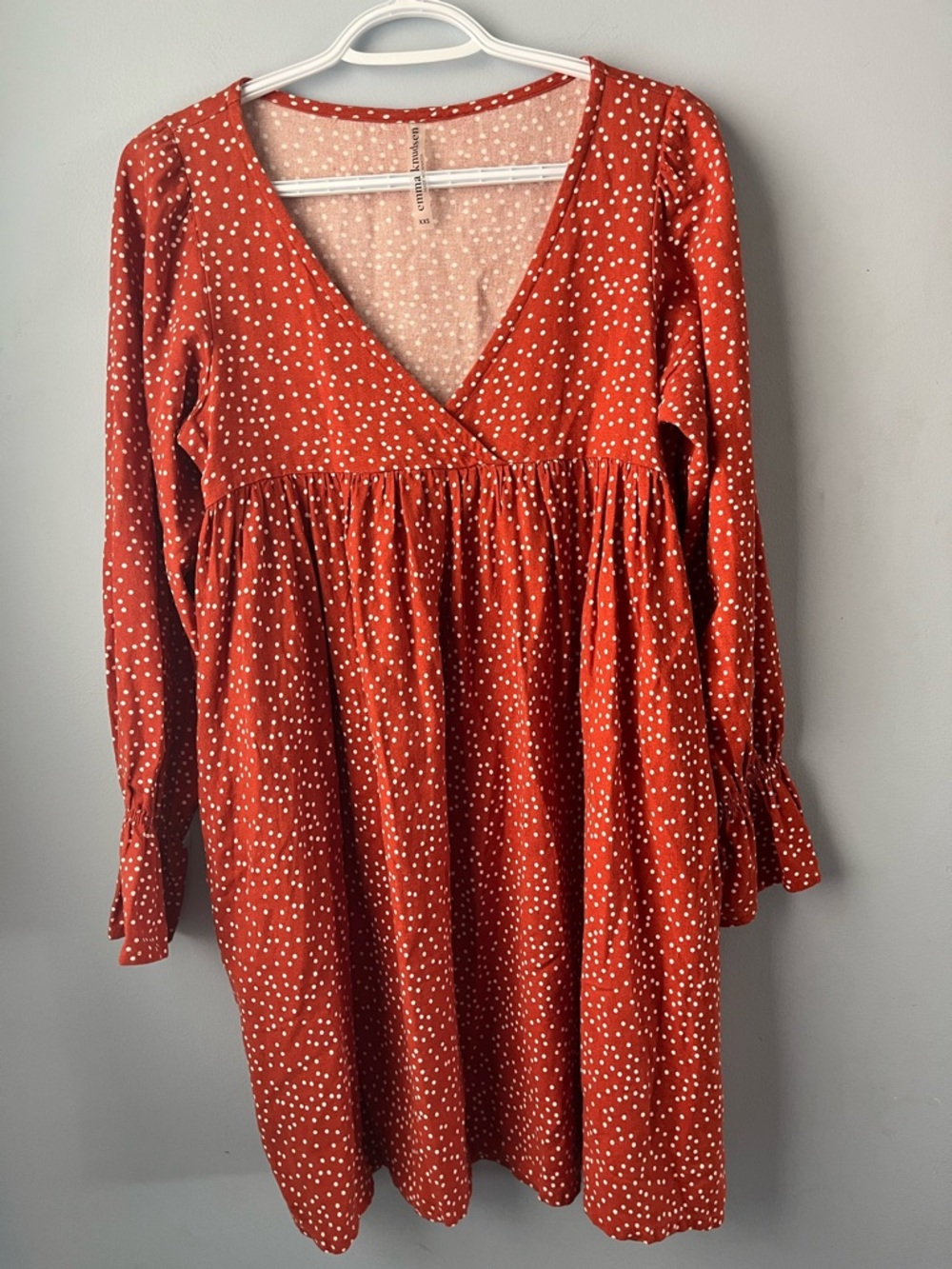 Emma Knudsen Rust Red Polka Dot V-Neck Long Sleeve Babydoll Dress Size XXS